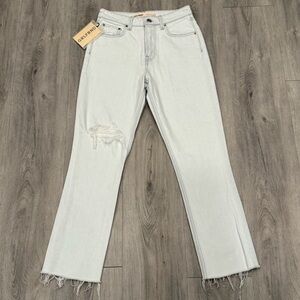 GRLFRND The Karolina Pale Blue Distressed Denim High Rise Straight Crop Jeans